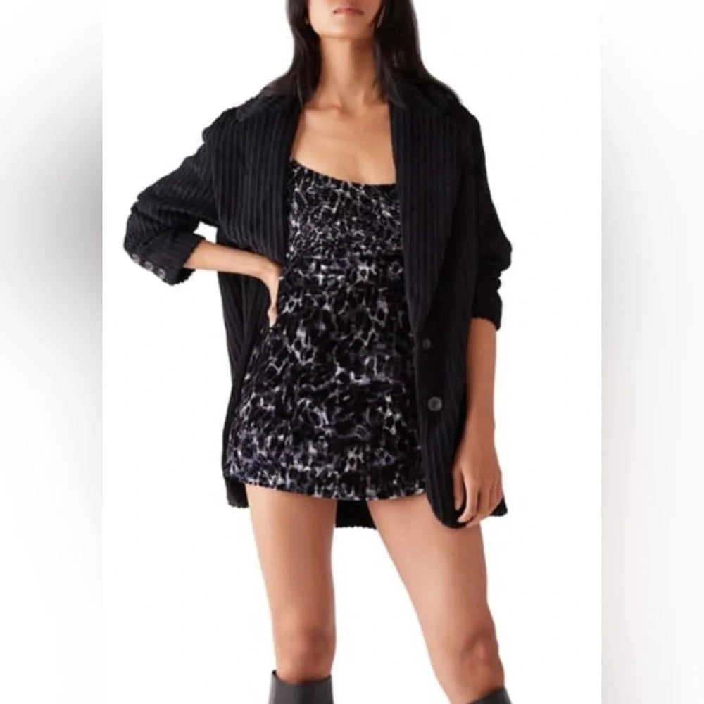 NWT $98R. Free People Virgo Moon Velvet Mini Dress  Silver Combo.